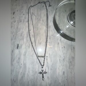 Silver Double Layer Necklace with Cross Pendant